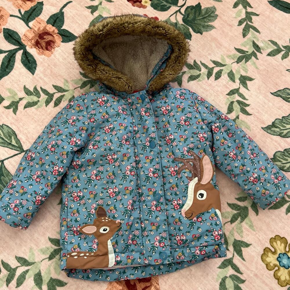 Mini Boden 3-in-1 Coat with Removable Vest Dusty Blue Floral Deer 18-24m